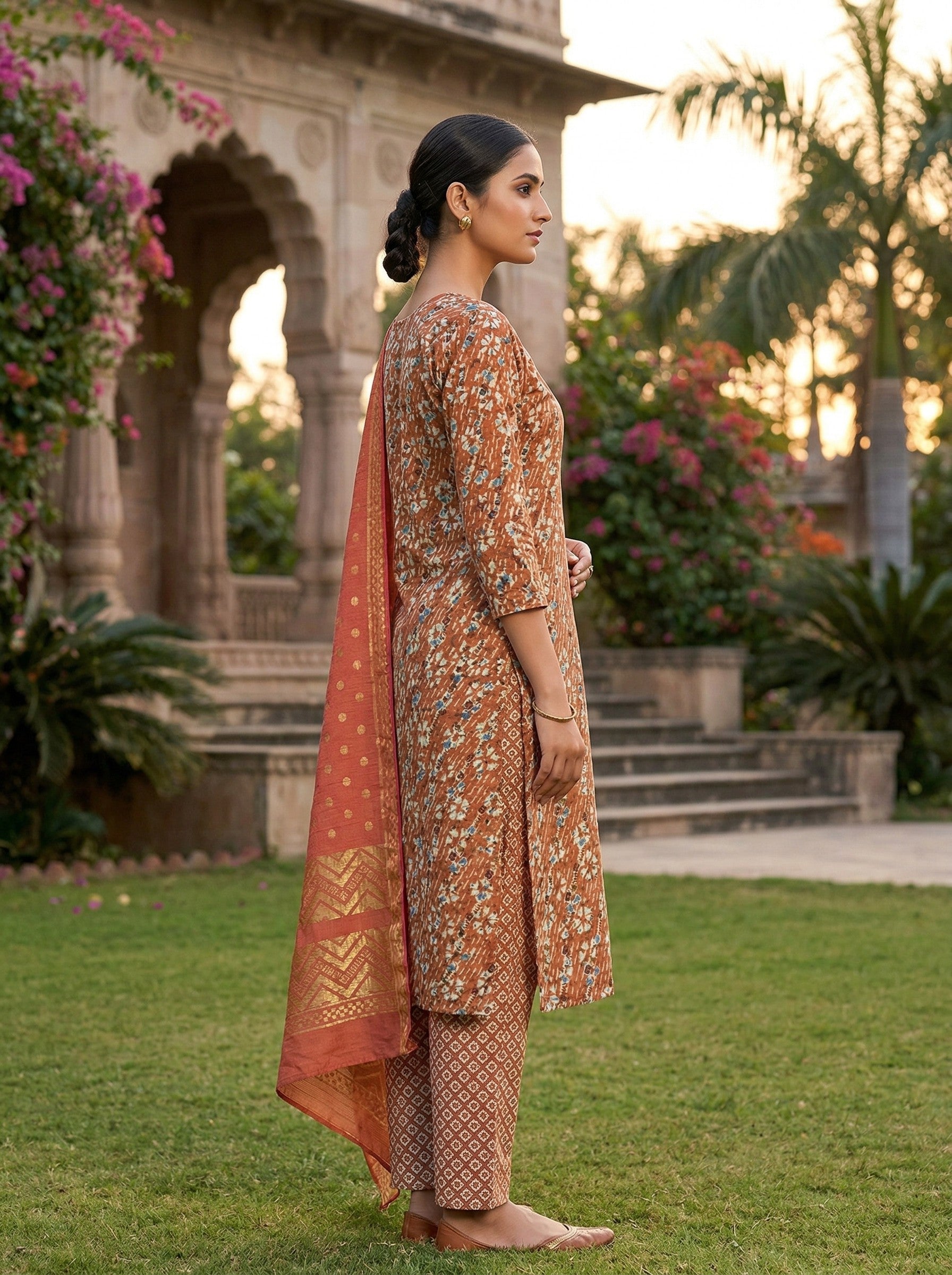 Rust Orange Cotton Printed Kurti Pant Dupatta Set (3 Pc Ethnic Set) (Copy) Thumbnail