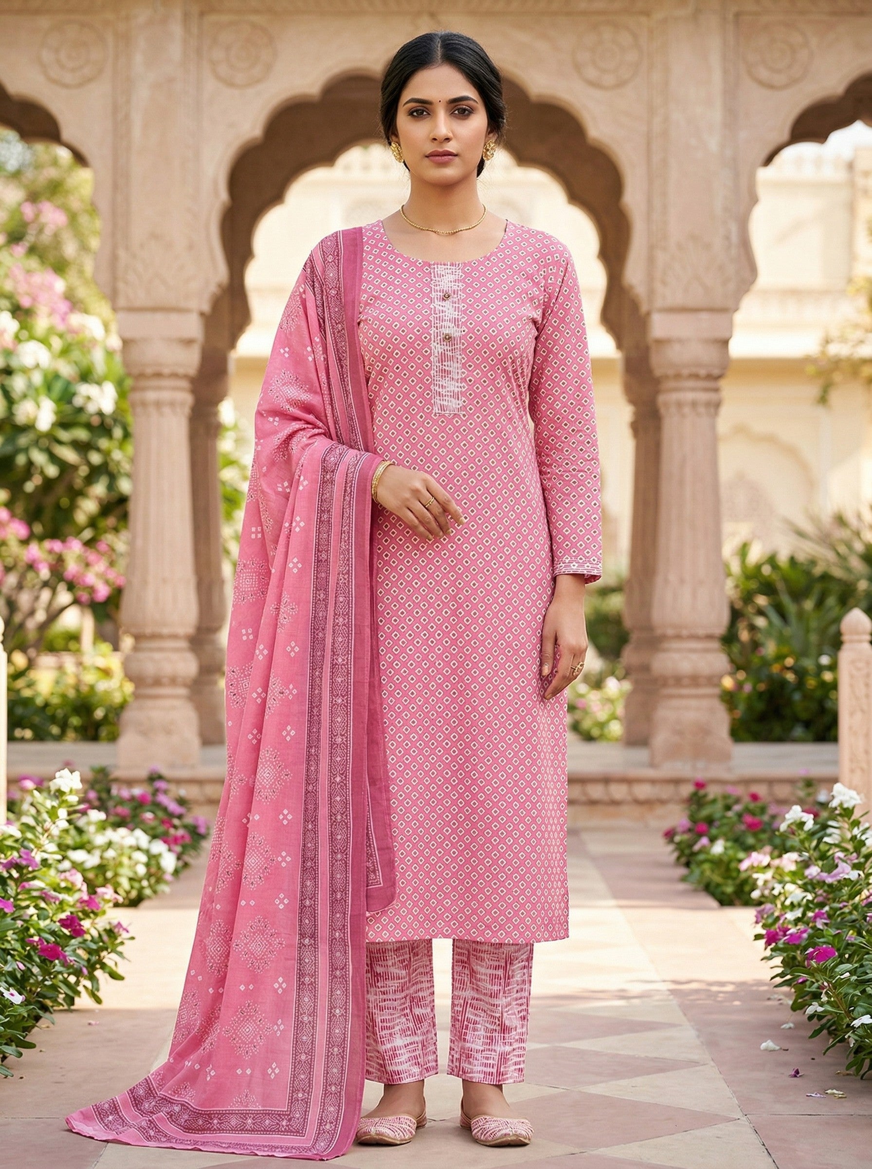 Pink Cotton Printed Kurti Pant Dupatta Set (3 Pc Ethnic Set)