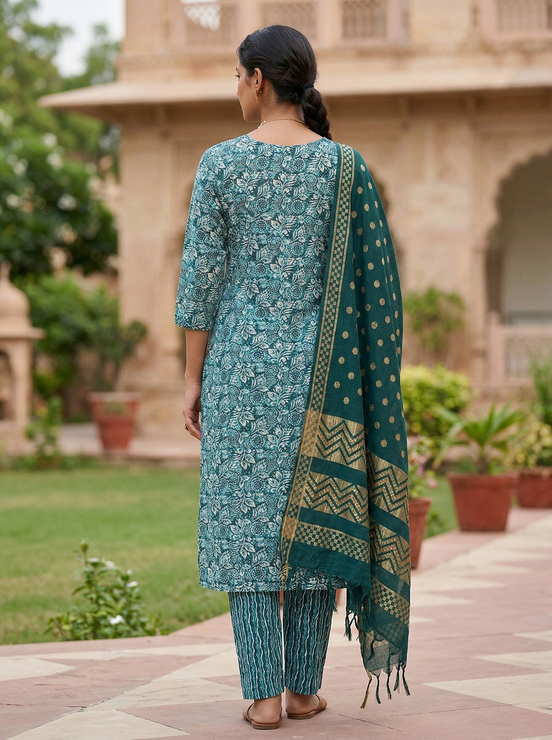 Teal Green Cotton Printed Kurti Pant Dupatta Set (3 Pc Ethnic Set) Thumbnail