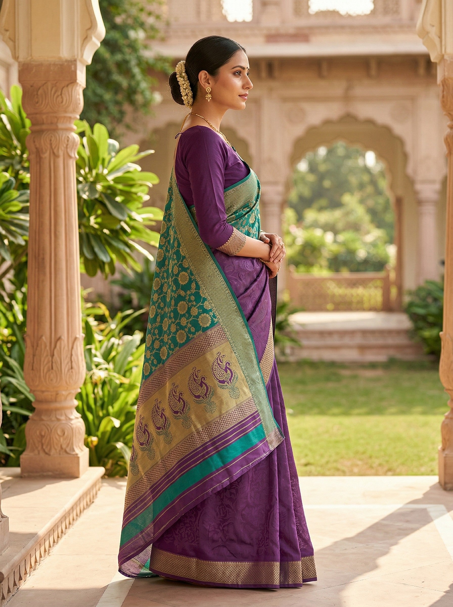 Teal Green & Purple Banarasi Style Silk Saree with Zari Border & Pallu