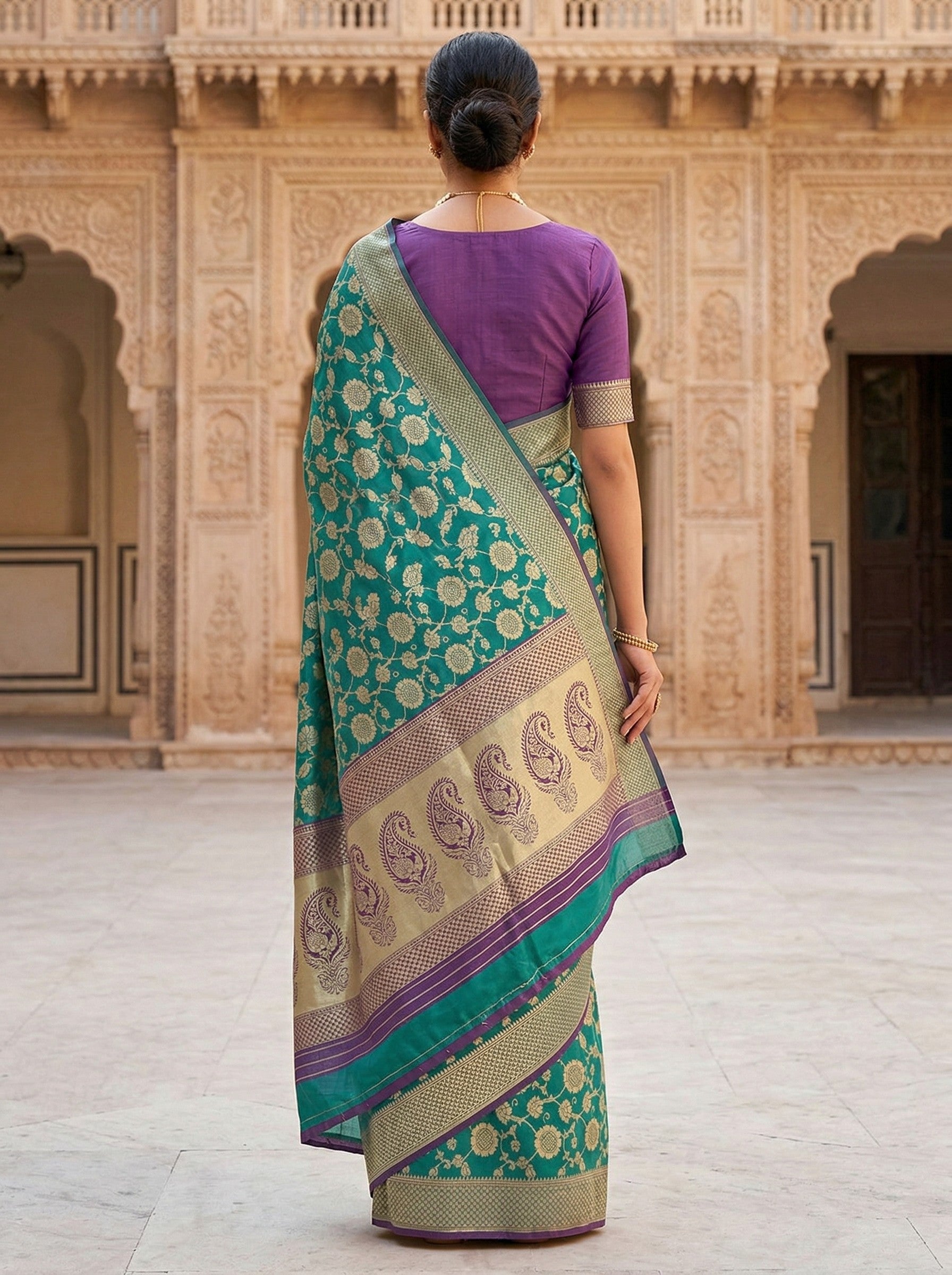 Teal Green & Purple Banarasi Style Silk Saree with Zari Border & Pallu Thumbnail