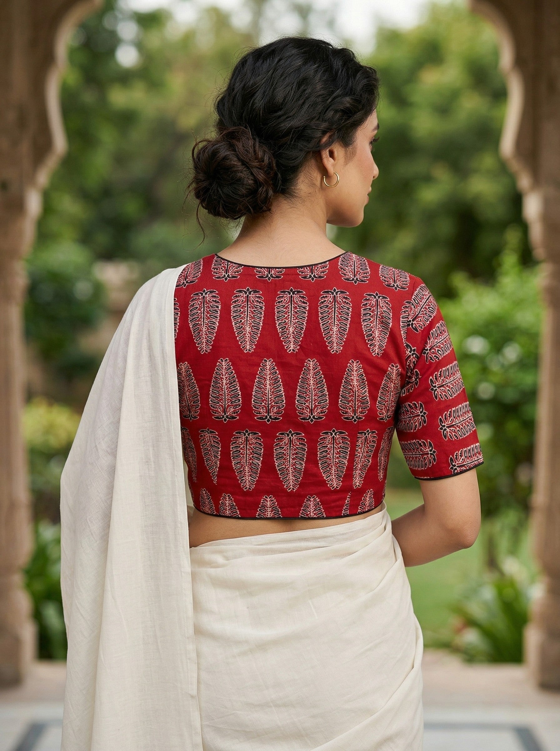 Red Ajrakh Leaf Printed Cotton Saree Blouse Online (Size 30–42)