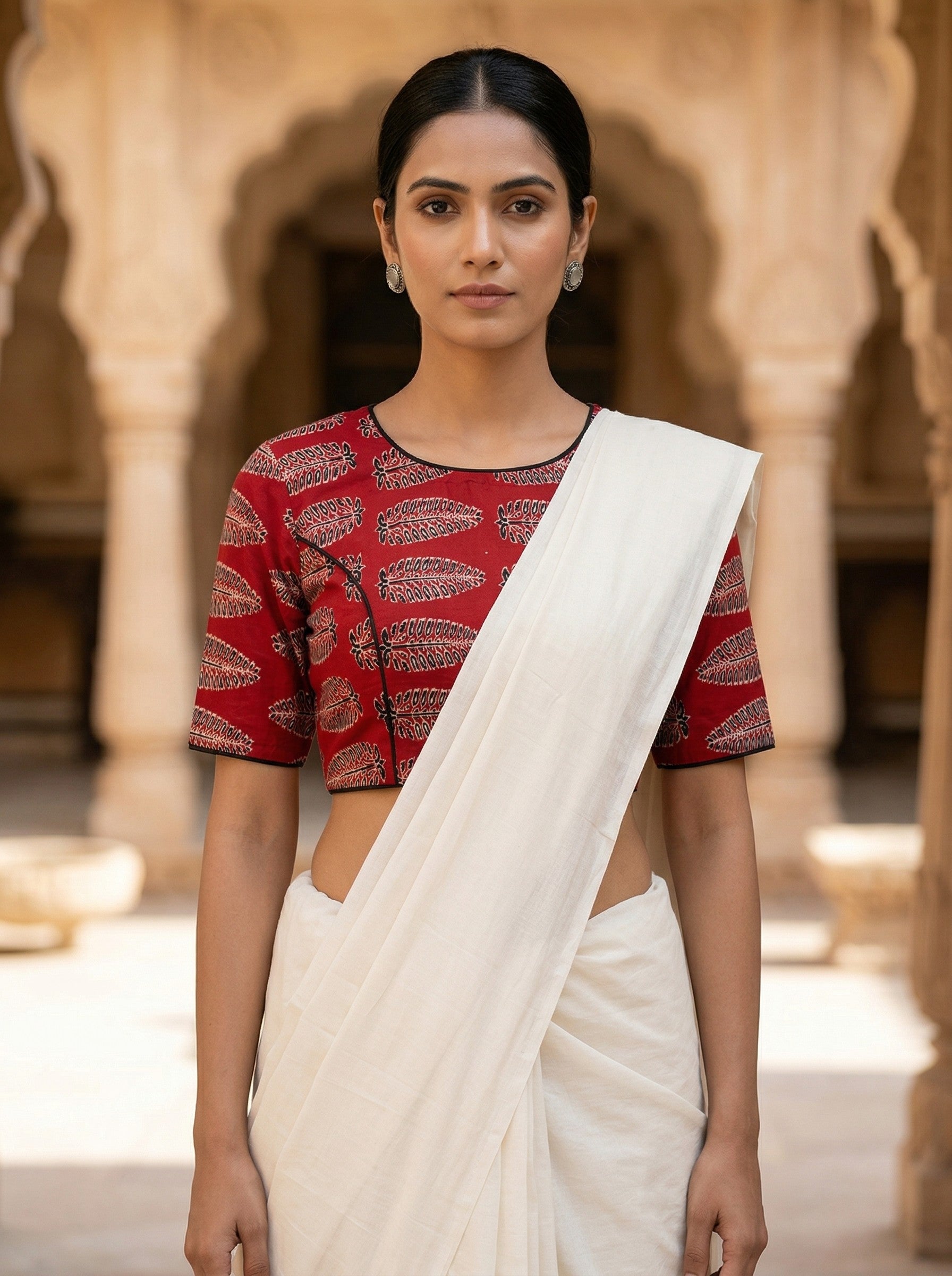 Red Ajrakh Leaf Printed Cotton Saree Blouse Online (Size 30–42) Thumbnail