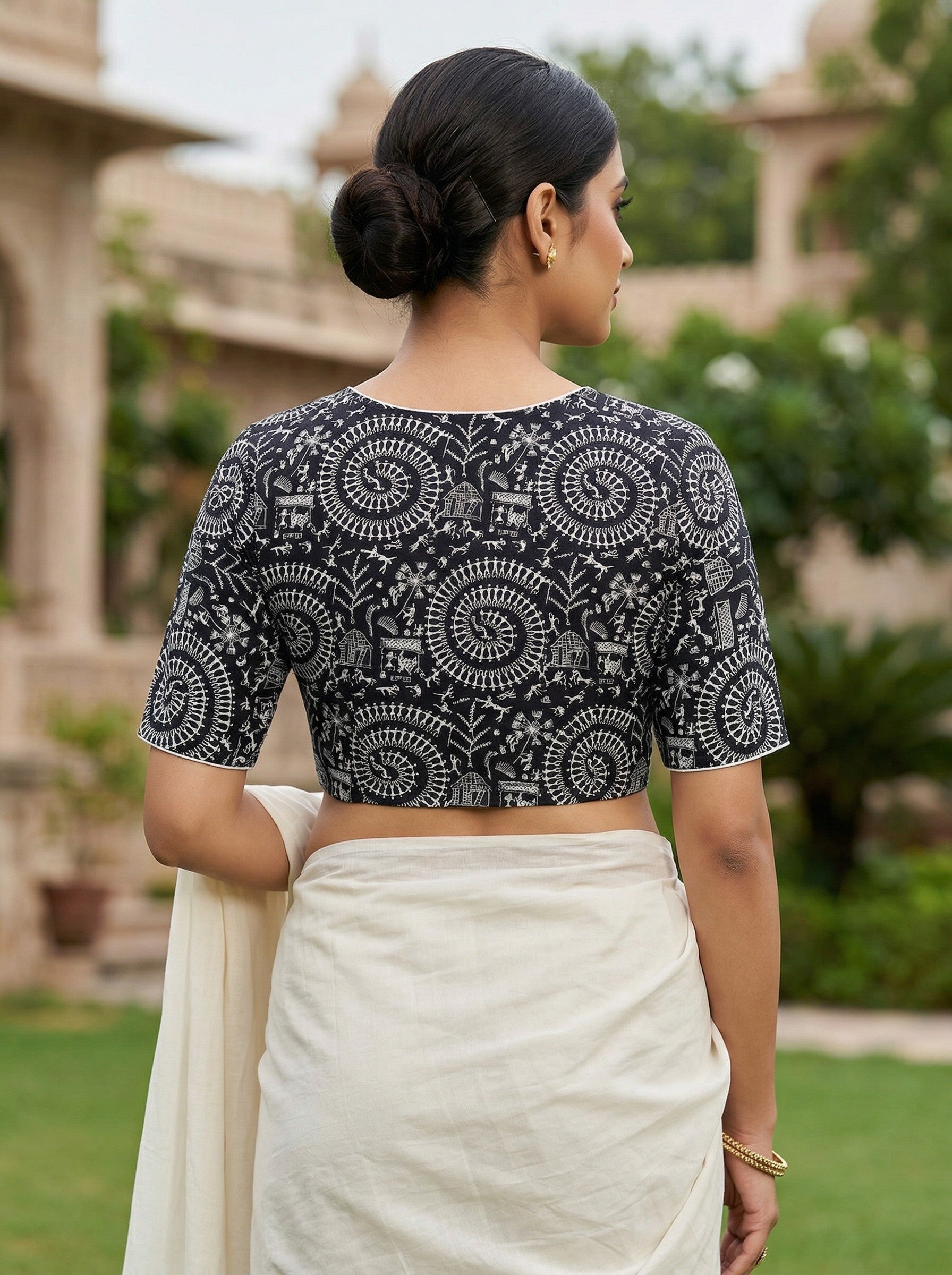 Black Cotton Saree Blouse Readymade with Madhubani Print (Size 30–42)
