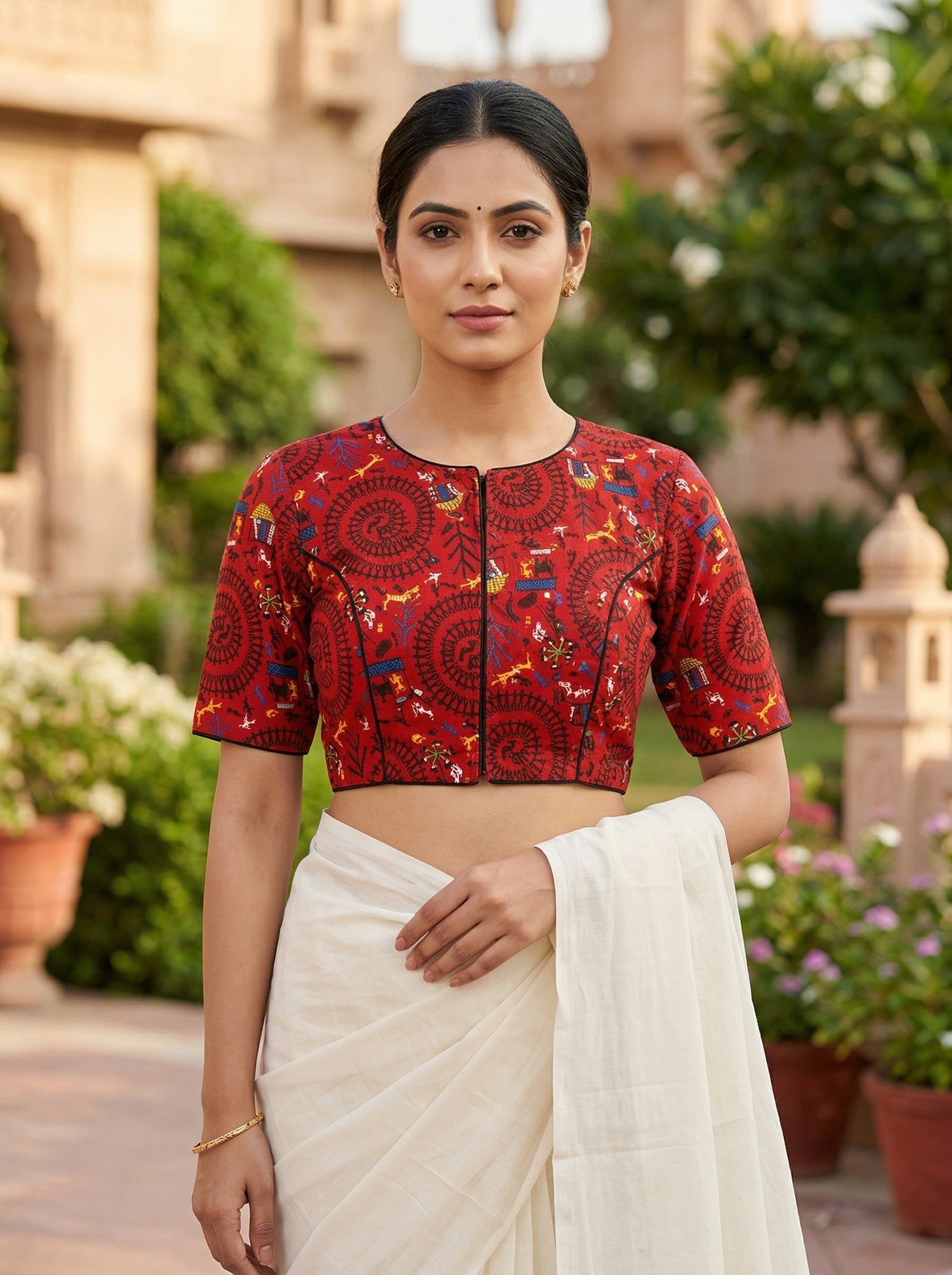 Red Madhubani Printed Cotton Saree Blouse – Half Sleeve (Size 30–42) Thumbnail