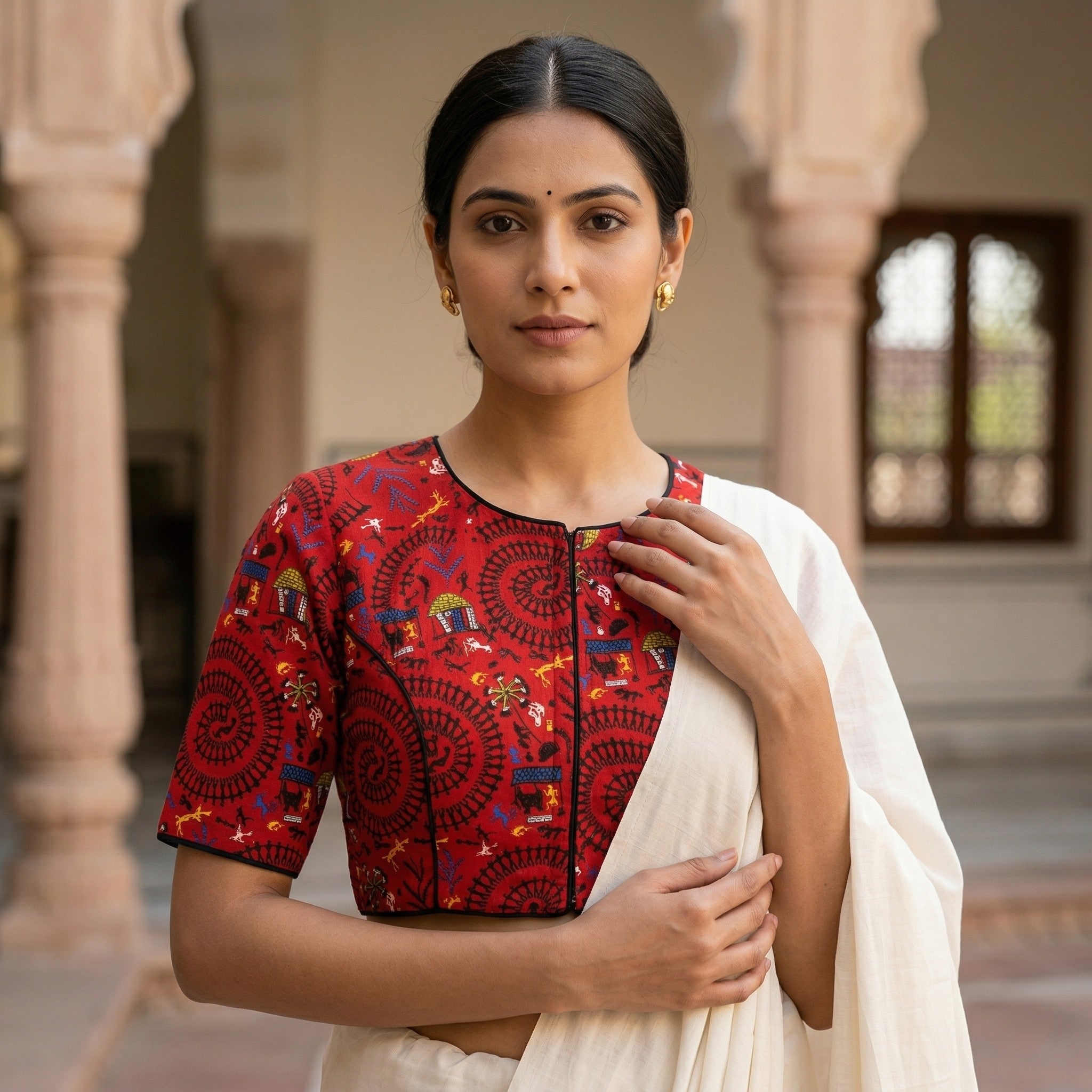 Red Madhubani Printed Cotton Saree Blouse – Half Sleeve (Size 30–42) Thumbnail