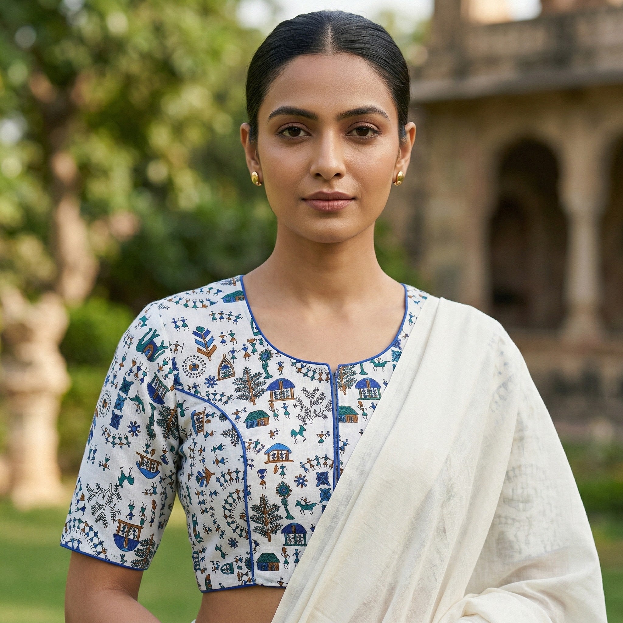 White & Blue Madhubani Hand Printed Cotton Saree Blouse (Size 30–42) Thumbnail