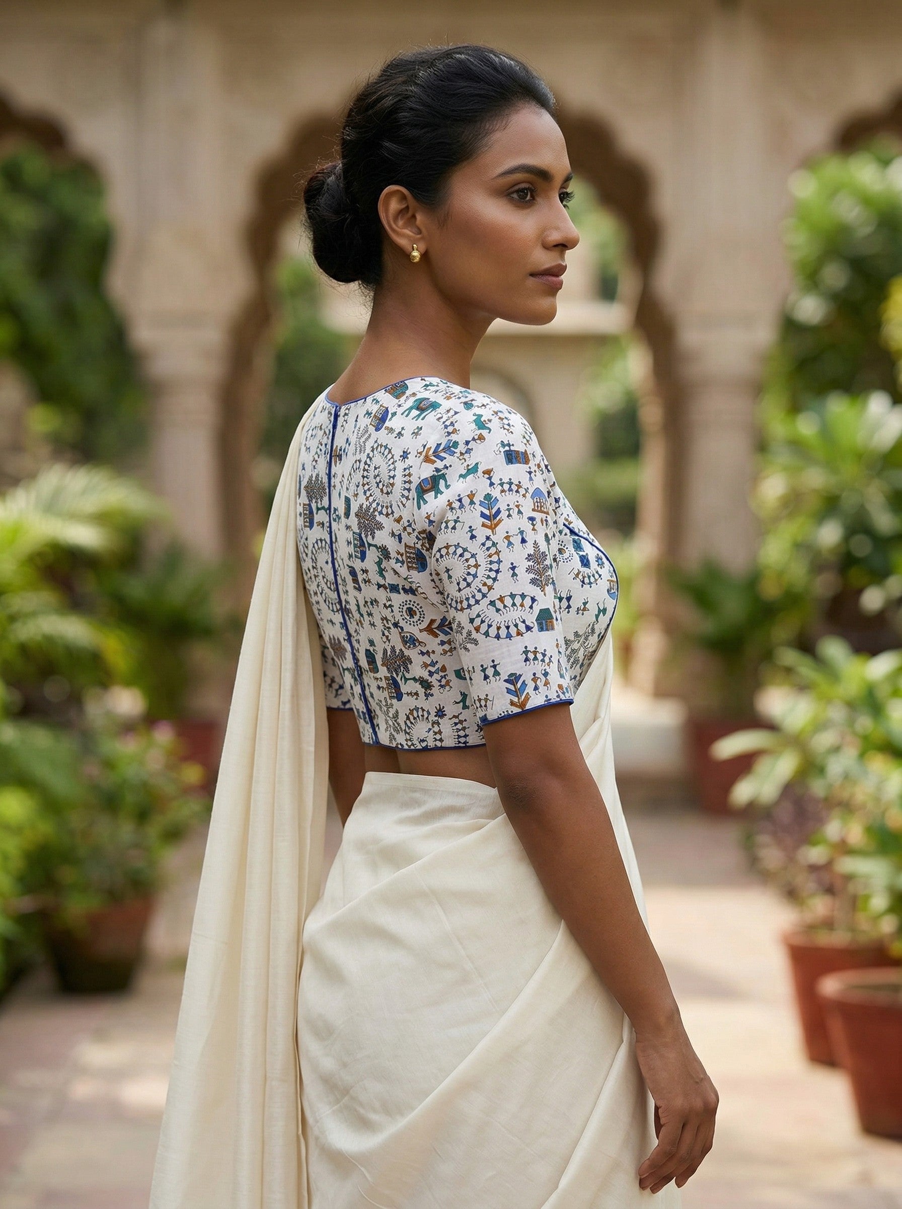 White & Blue Madhubani Hand Printed Cotton Saree Blouse (Size 30–42) Thumbnail