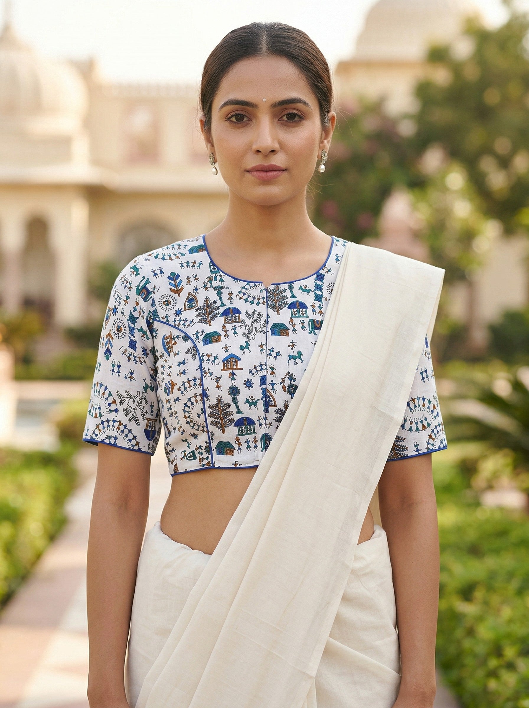 White & Blue Madhubani Hand Printed Cotton Saree Blouse (Size 30–42) Thumbnail