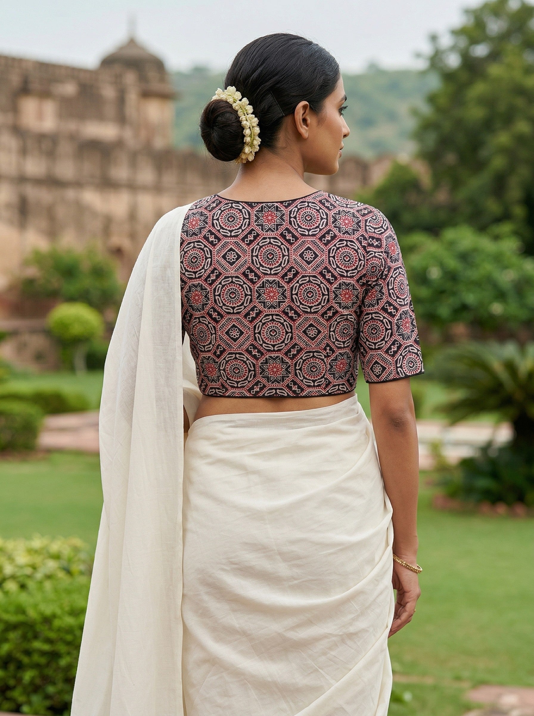 Black Ajrakh Print Cotton Saree Blouse – Half Sleeve (Size 30–42)