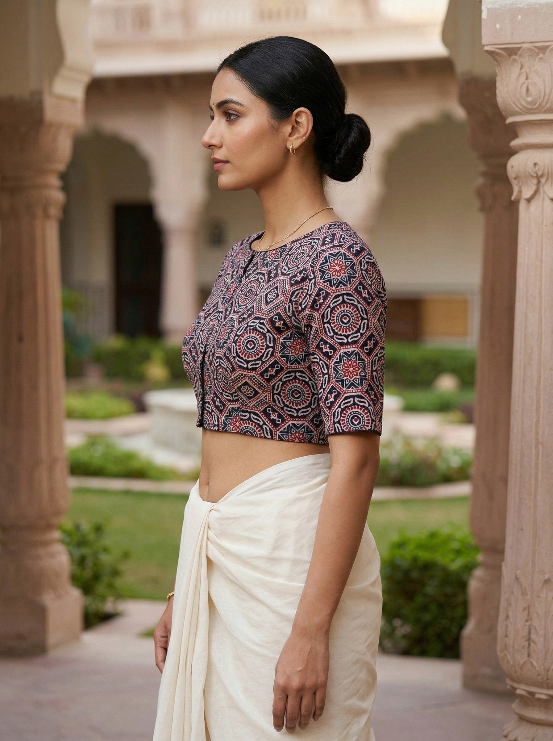 Black Ajrakh Print Cotton Saree Blouse – Half Sleeve (Size 30–42) Thumbnail