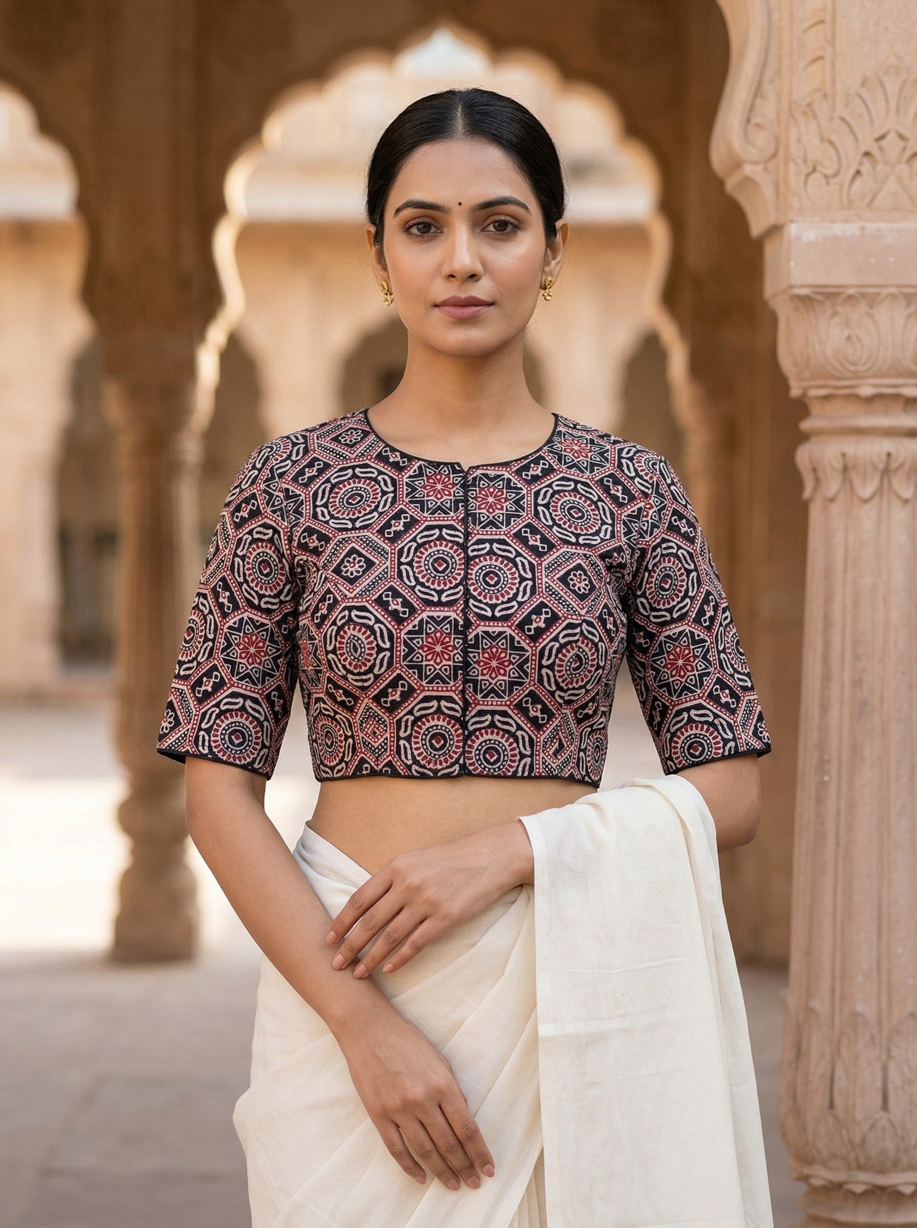 Black Ajrakh Print Cotton Saree Blouse – Half Sleeve (Size 30–42) Thumbnail