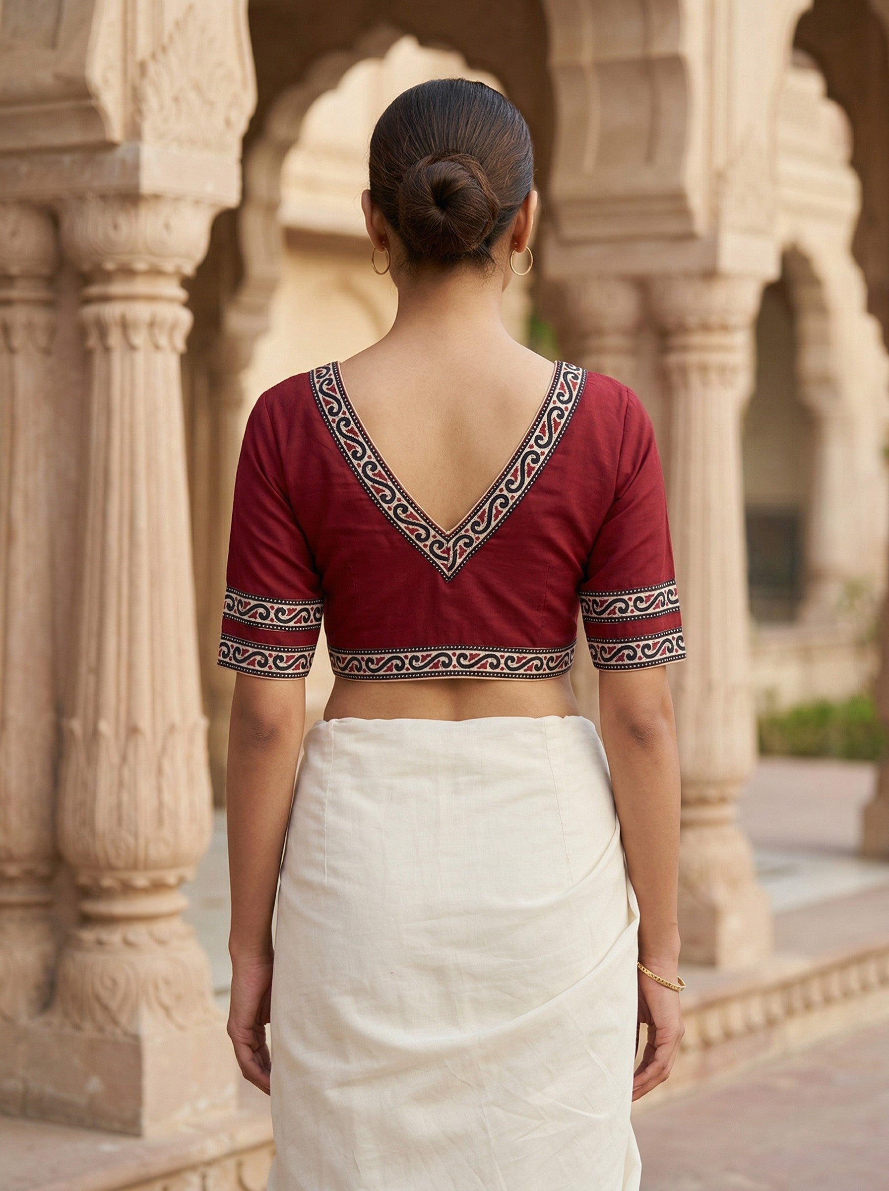 Maroon Pure Cotton Saree Blouse with Back V-Neck & Border (Size 30–44)