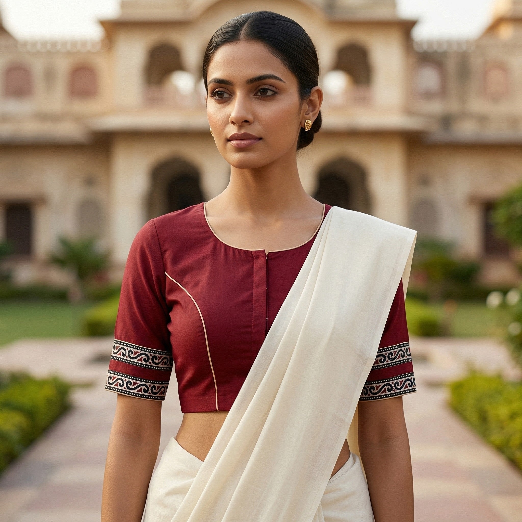 Maroon Pure Cotton Saree Blouse with Back V-Neck & Border (Size 30–44) Thumbnail