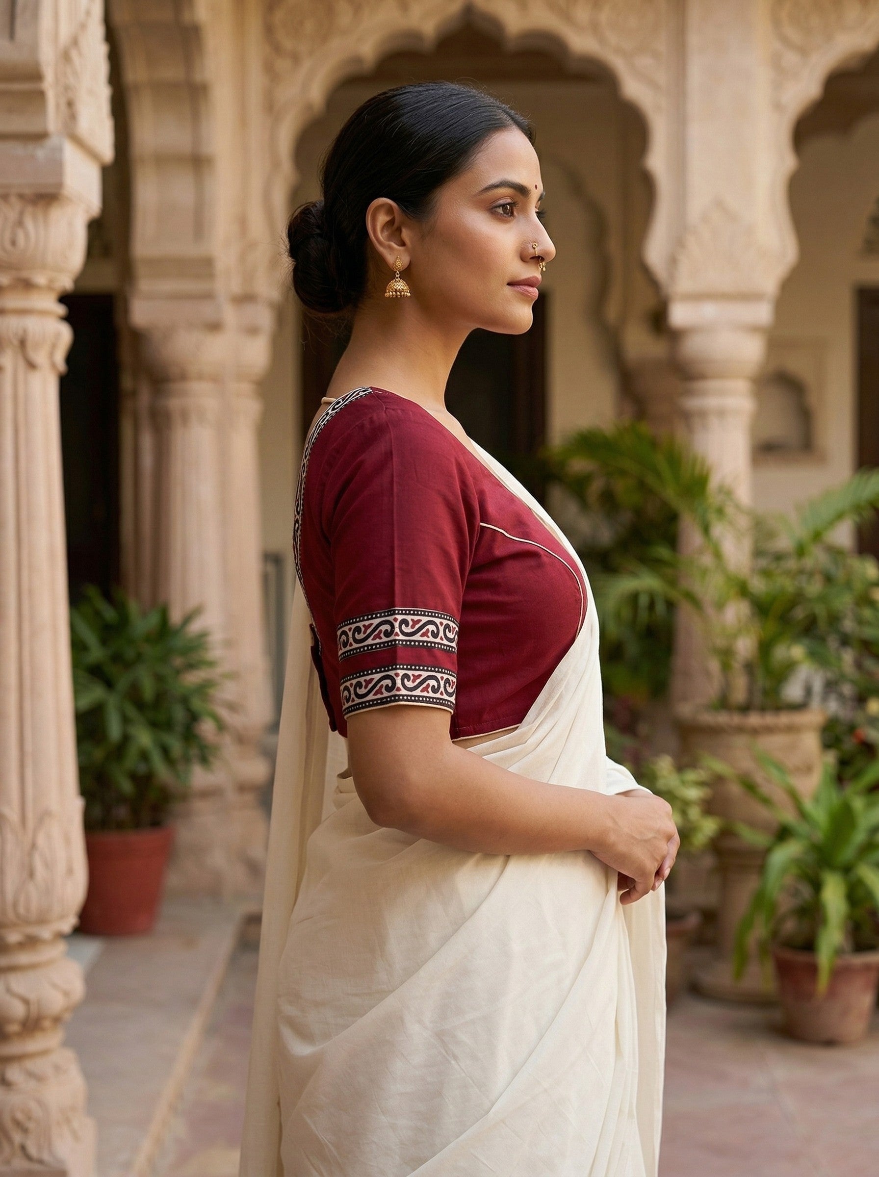 Maroon Pure Cotton Saree Blouse with Back V-Neck & Border (Size 30–44) Thumbnail