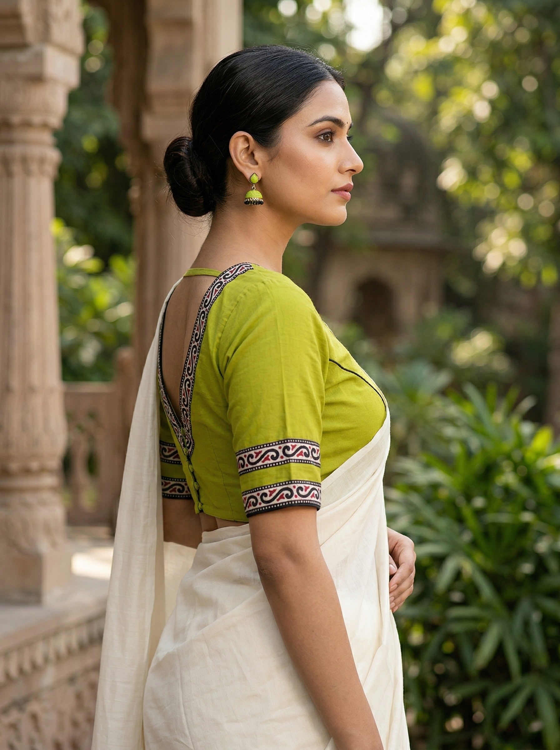 Green Pure Cotton Saree Blouse with Back V-Neck & Border (Size 30–44) Thumbnail