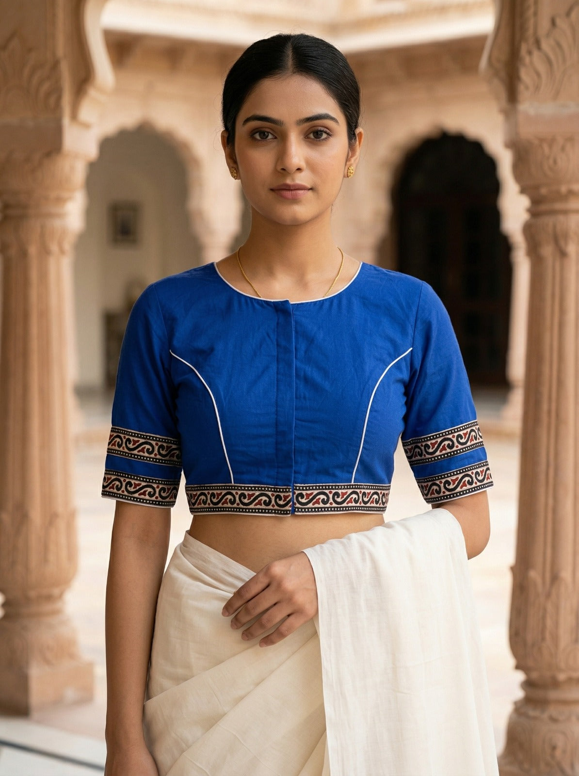 Royal Blue Front Open Cotton Saree Blouse – V-Neck (Size 30–44) Thumbnail