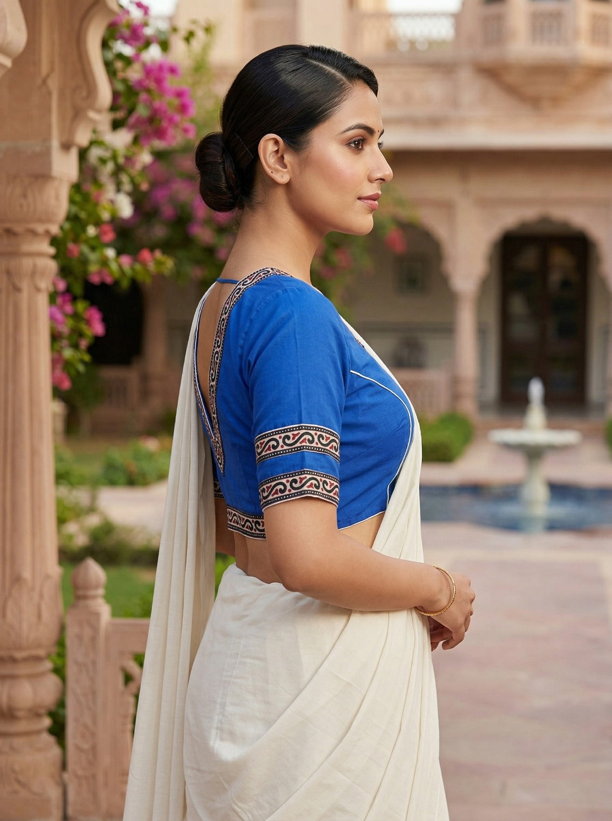 Royal Blue Front Open Cotton Saree Blouse – V-Neck (Size 30–44) Thumbnail