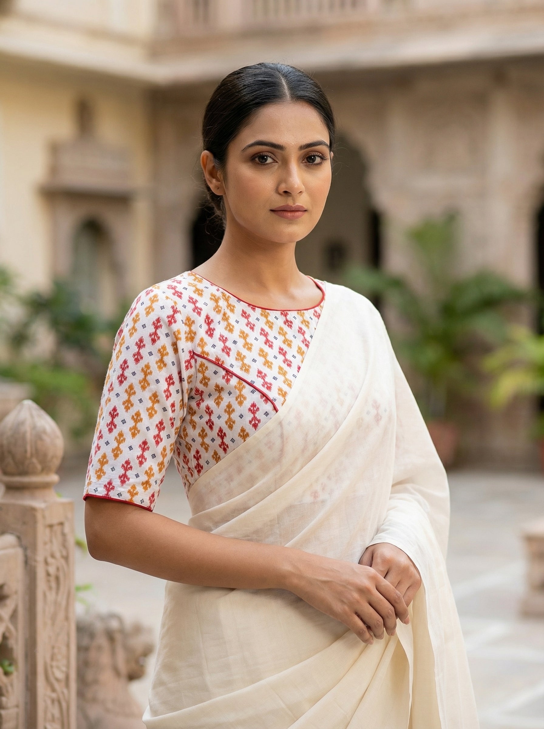 Ikkat Cotton Saree Blouse Readymade – Half Sleeve (Size 30–42) Thumbnail