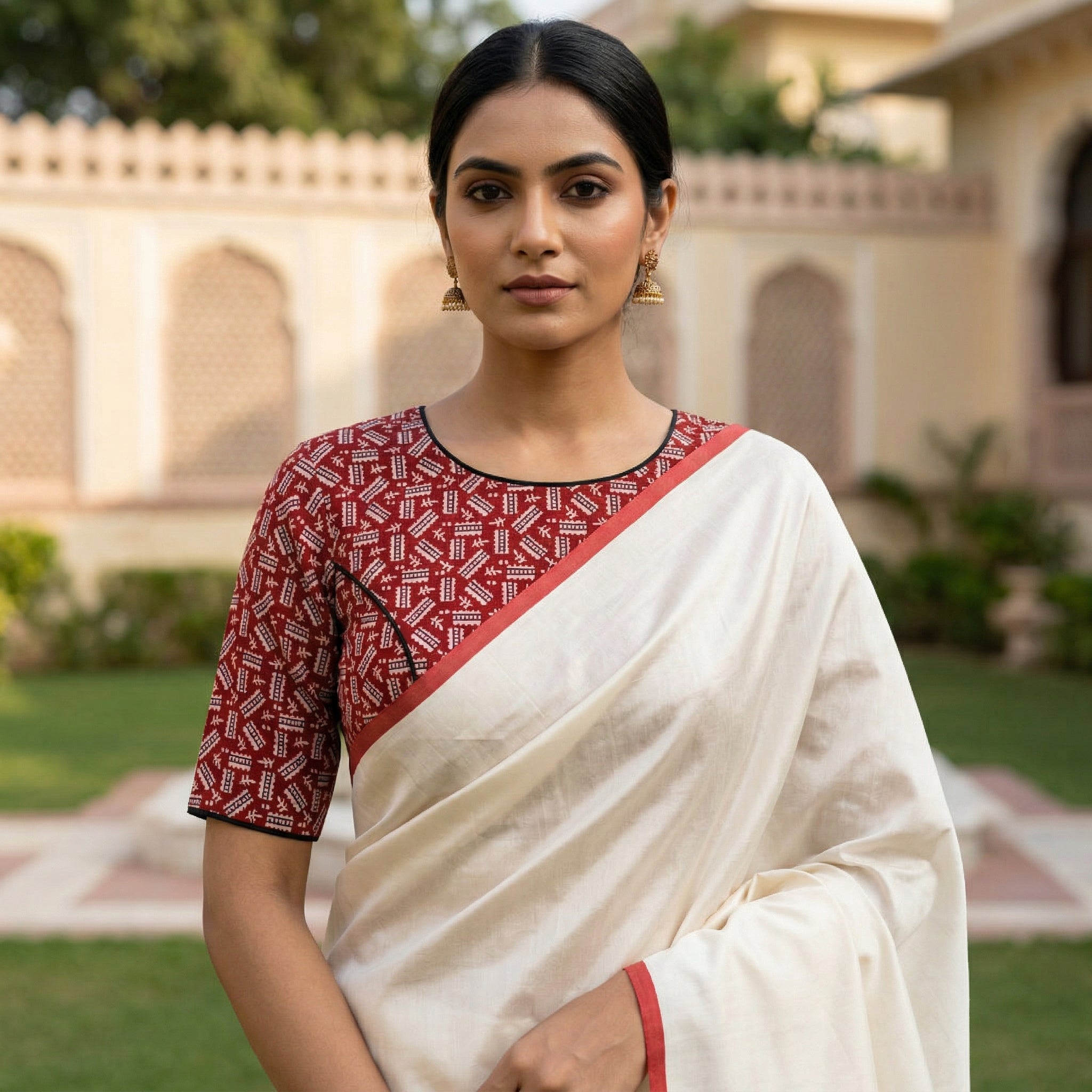Red Cotton Printed Saree Blouse in Ajrakh Block Print (Size 30–42)