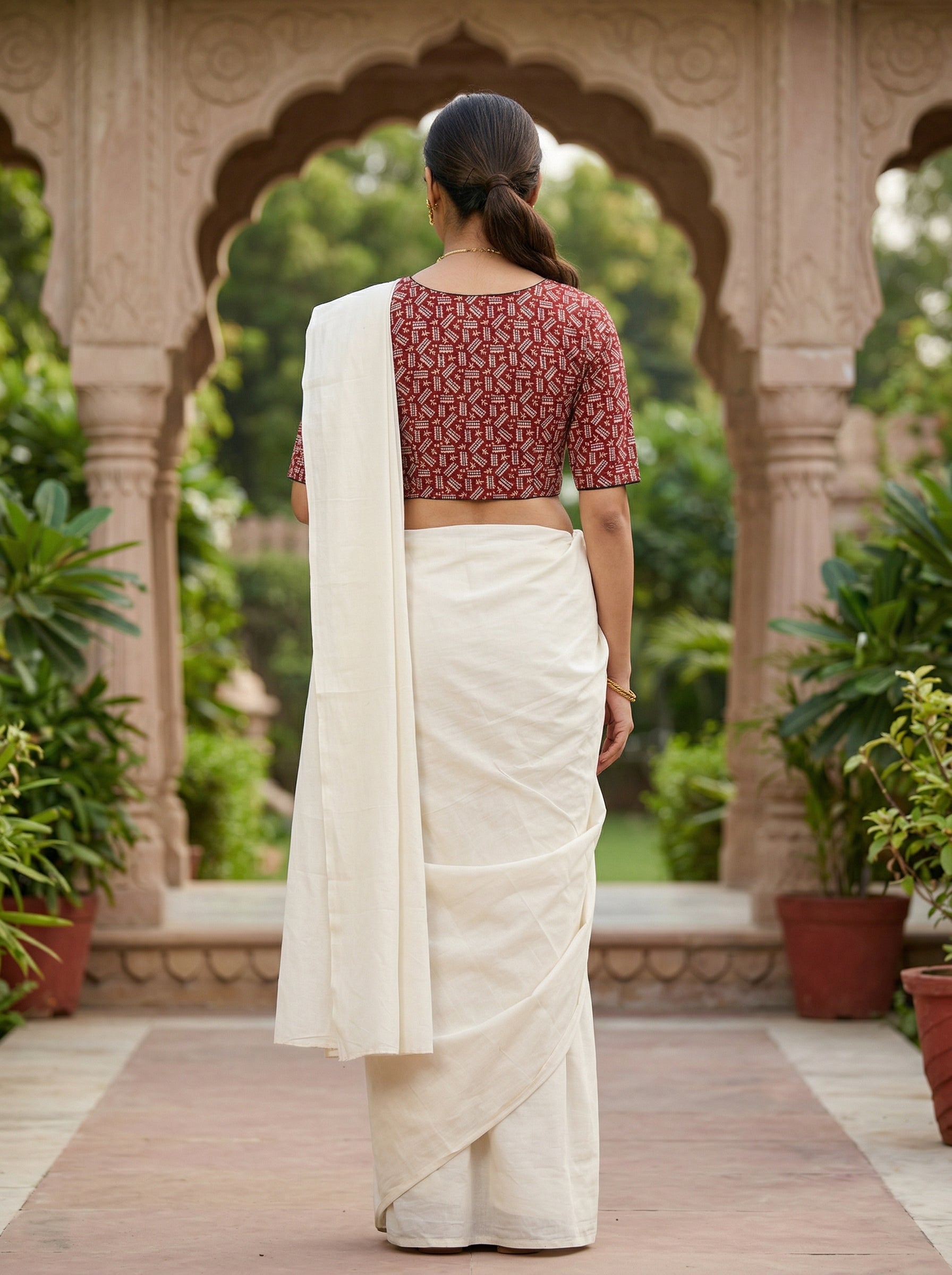 Red Cotton Printed Saree Blouse in Ajrakh Block Print (Size 30–42) Thumbnail